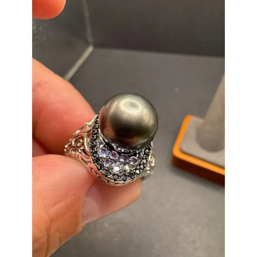 Ornate Black Pearl Ring Sterling Silver 925 Filigree Purple Black Spinel Sz 10.2